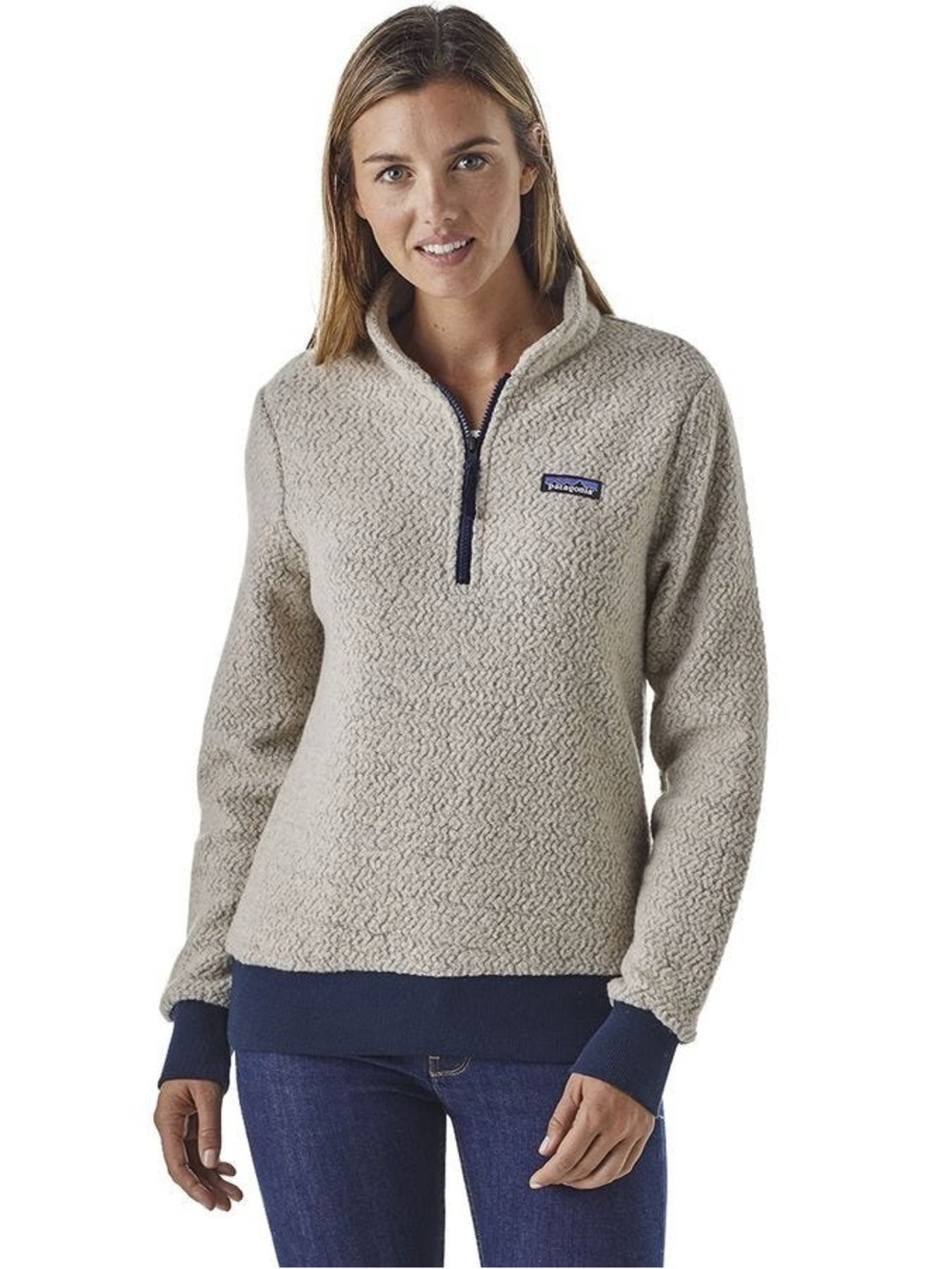 Patagonia Woolyester Light Beige Fleece Pullover with Navy Trim Size Small